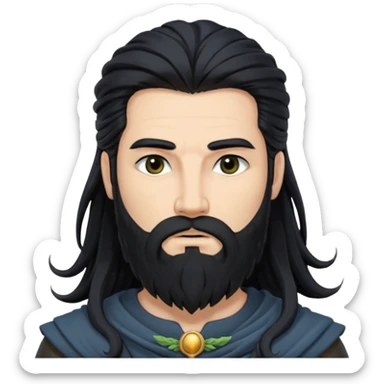 Boreas, North Wind God from Rome Mythology with long jet black hair and beard, dark gray outfit sticker
