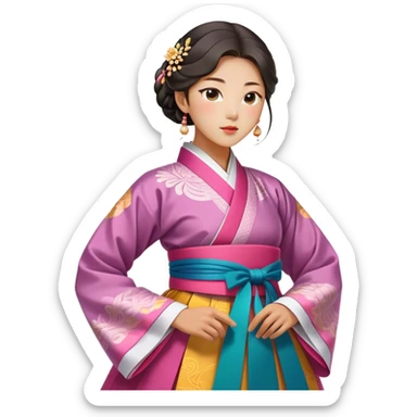 Cinematic Realistic Hanbok Emoji, depicted as a graceful intricately designed traditional Korean dress with vibrant colors and flowing lines, rendered with delicate textures and soft cultural lighting that captures its timeless elegance. sticker