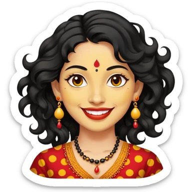 "- Phụ nữ
- 35 tuổi
- Da vàng
- Tóc đen xoăn nhẹ
- Có chấm đỏ Bindi, đeo khuyên tai
- Mặt cười
" sticker