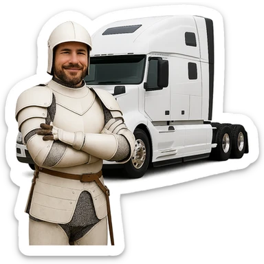 Remove the background, keep only the white knight and the 2022 white Volvo semi sleeper truck with transparent background. sticker
