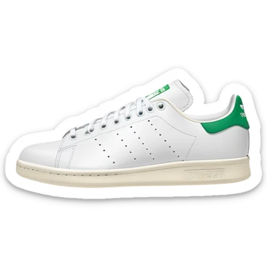 Classic white Adidas Stan Smith sneaker with green heel tab, white leather body, side view, perforated three stripes, iOS emoji style sticker