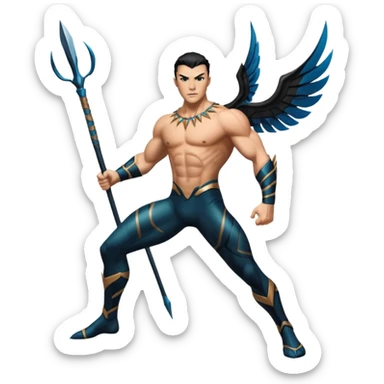 Namor from Black Panther 2, full body, action pose, holding a sharpened spear, wings at his feet sticker
