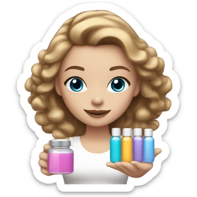 girl with light brown hair and white skin and blue eyes holding jars of cosmetics sticker