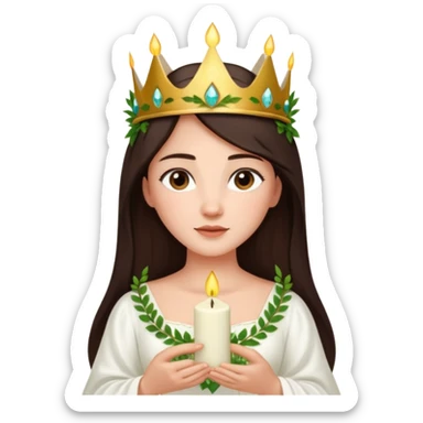  saint lucia with dark brown hair with a white gown and a crown made from greenery with candles on the crown sticker