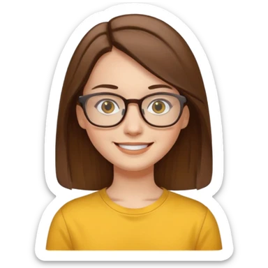 Hawaii female with white skin. Shoulder length straight brown hair. Brown eyes with glasses. Female wearing yellow shirt. sticker