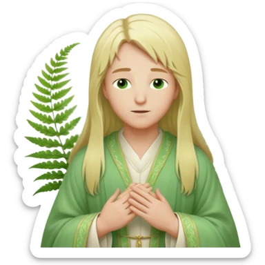 a young bishop, green eyes, long blonde hair, light green wide, flowing outer robe. hands clasped together, eyes closed. Soft light, subtle fern. Waist-up, profile. sticker