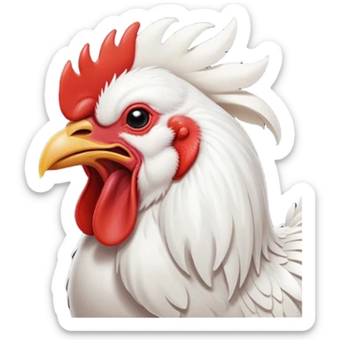 Cinematic Cute Yawning White Rooster Portrait Emoji, Head tilted slightly with a dramatic, wide-open yawn, showcasing a soft, downy white plumage with a crisp red comb and drooping wings, round eyes barely open in drowsy contentment, Simplified yet irresistibly adorable features, highly detailed, glowing with a soft, cozy glow, high shine, relaxed yet expressive, stylized with a touch of whimsy, bright and endearing, soft glowing outline, capturing the essence of a sleepy yet affectionate rooster, so drowsy it feels like it could stretch out of the screen and curl up for a nap! sticker