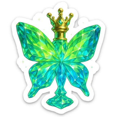 luxurious crystal butterfly-shaped bottle with short neck and princess crown, many facets, glowing and light refractions, green (#c0ff53) and blue colors, golden details, subtle magical effects, transparent background, beautiful connected base, floating in air, no base or shadow, very close to original design sticker