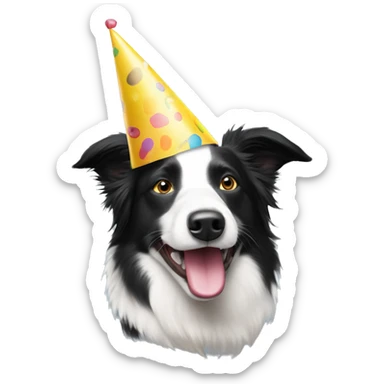 A  happy Black and white Australian Border Collie wearing a Birthday Party Hat. sticker