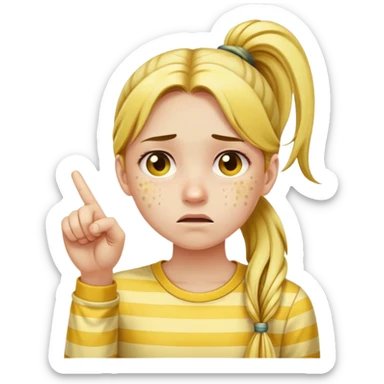 make a memoji of a girl with long ponytail, yellow striped shirt, with face full of pimples acting sad while pointing at its face sticker
