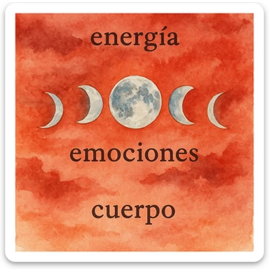 moon in motion in a red sky, words 'energía', 'emociones', 'cuerpo' in the image, watercolor style sticker