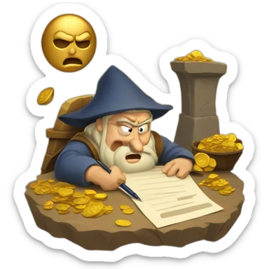 middle ages taxman, angry, writing on a paper, pile of gold sticker