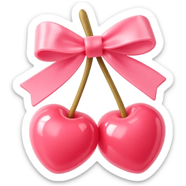 Create a 3D iOS-style illustration of two pink cherries with a pink bow. The cherries and bow should be glossy and realistic with soft lighting, using a more vibrant color palette. The background should be removed. sticker