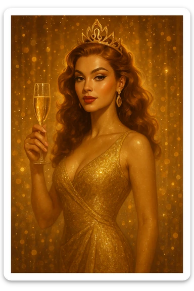 leo zodiac sign inspired woman, glamorous, with a champagne glass, surrounded by sparkles sticker