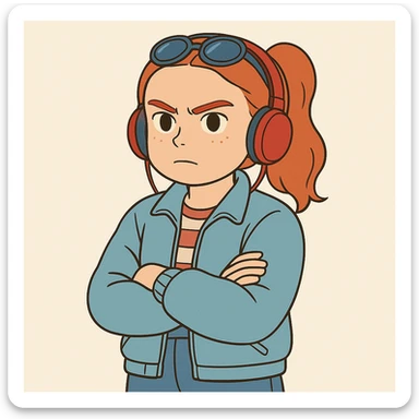 Max Mayfield from Stranger Things with iconic look: arms crossed, blue jacket, red headphones, red hair tied, challenging expression, simple line art, light pastel tones, thick outlines, Ghibli style, square 1:1 format. sticker