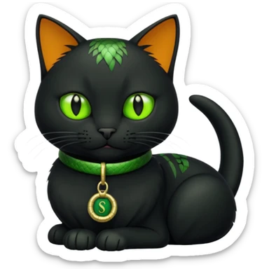 A black cat wearing a green collar with a snake tag  sticker