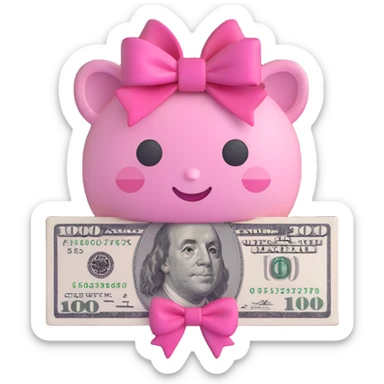 $100 bill, 3D emoji style, mostly pink with white accents, girly, with a bow instead of a smiley face sticker