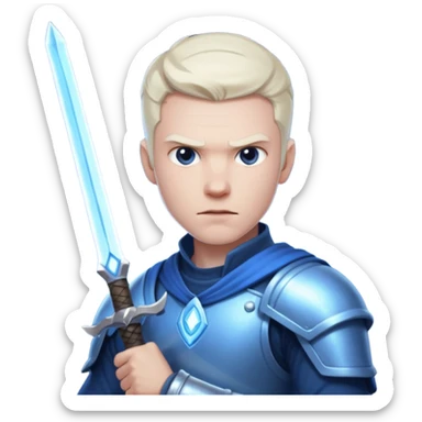 Doom Slayer helmet off, determined face, holding a glowing sword sticker