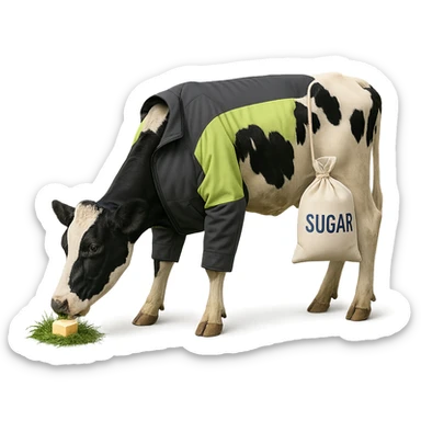 a cow sporting a gray and neon green jacket, eating grass with butter, and a bag of white sugar hanging from its side sticker