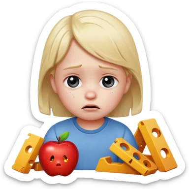 sad small child with pieces of a broken construction set, apple style emoji sticker