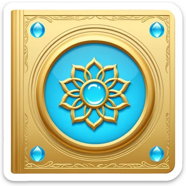 Un libro book dorado y azul celeste con detalles esmeralda, bordes luminosos y un símbolo de círculo zen, loto en la portada, irradiando presencia, tranquilidad y despertar espiritual. portada de libro sticker
