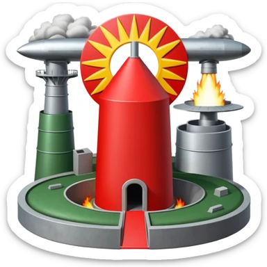 green landscape with sun in top of the background, there is a grey missile silo hatch open, and the top two thirds of a white nuclear missile launching out of the silo is shown sticker
