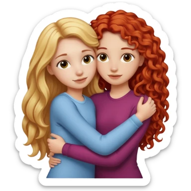 A girl with straight long blonde hair hugging a girl with red curly hair  sticker