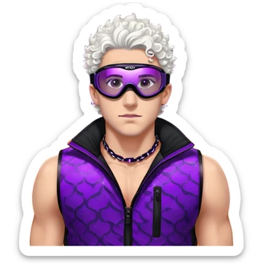 close-up of bad guy male athlete with white skin and moderately curly dark brown hair on top with shaved sides, wearing ski goggles with purple frames and very dark black lenses, a simple plain black chain necklace, and a completely unzipped sleeveless vest with purple and black sequin fire pattern design with no logo, with an extremely arrogant sneer on his face, looking menacing and villainous, exuding overconfidence and a threatening aura sticker