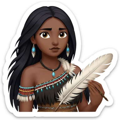 Cinematic Realistic Pocahontas Portrait, depicted with lifelike skin texture, soft natural lighting, and intricately detailed long, flowing raven-black hair that moves gracefully in the wind. Her deep, soulful dark brown eyes exude wisdom and strength, complemented by a serene yet powerful expression. She is shown gently holding a feather in one hand, her other hand resting lightly at her side, embodying the harmonious balance between nature and herself. She is dressed in her classic one-shoulder native American dress, with rich fabric textures and delicate beaded details that catch the light beautifully. The portrait features a soft, sun-kissed glow with a natural, radiant finish, capturing the essence of untamed beauty and deep connection to nature in a realistic and painterly style, evoking a sense of depth and authenticity. sticker