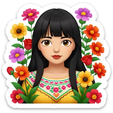 Mexican girl with bangs black long hair plus size with flowers sticker