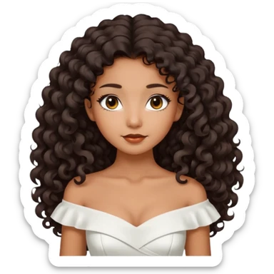 Dark tanned skin girl with very dark brown very big long curly hair, very dark Asian eyes, white dress at boatneck neckline   sticker