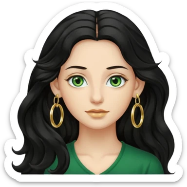 Attractive wavy black long hair with green eyes and gold hoop earrings  sticker