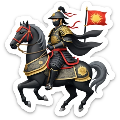 clash-of-clans-aesthetic_-cinematic-fearsome-and-majestic-samurai-bust-portrait-emoji, rendered in a flat, vector-style with minimal shading and bold, simplified shapes typical of emoji art, depicting a battle-hardened samurai with black mask and traditional black Japanese armor. The samurai is riding a noble grey warhorse adorned with an intricately designed saddle and fluttering banners and a rising sun. a zoomed in samurai riding on a  horse sticker