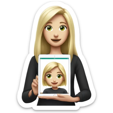 Apple grey ipad in girls hands (blond Girl whole height pinky lips greenish eyes wearing black top, holding IPad in one hand)) sticker