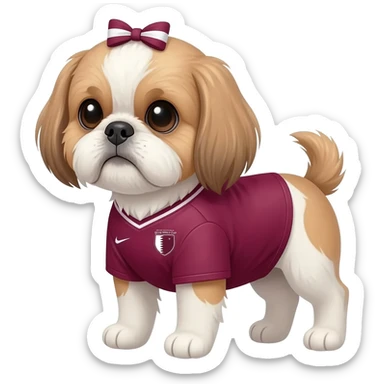 white and light brown shih zhu wearing a Qatar soccer jersey v neck 2026 work cup sticker