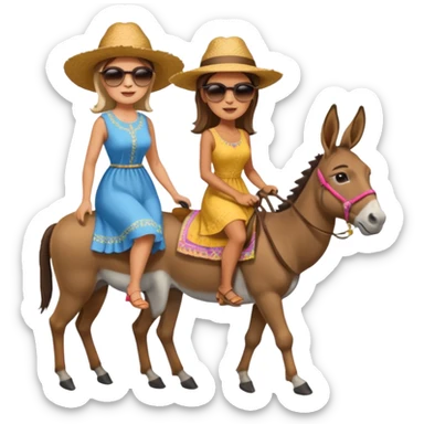 a lady on a donkey while the man is walking alongside the donkey sticker