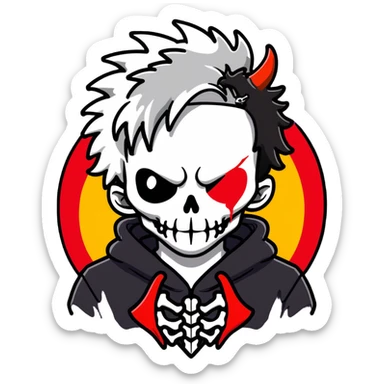 man with white and black messy hair, half face black, red horns with eyes, black hoodie fading to white, red wings, skeleton dragon behind neck, yellow heart lock necklace sticker