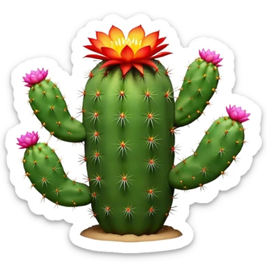 Cinematic Realistic Cactus Emoji, Tall and spiny, with thick, rounded stems covered in sharp spines. Bright flowers bloom at the tips of some branches, adding a pop of color against the desert backdrop. Soft glowing outline, capturing the essence of strength, survival, and desert beauty in a striking cactus! sticker