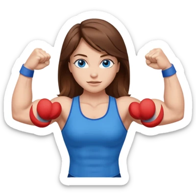 Girl with brown hair, blue eyes and really muscular arms, flexing her muscles sticker