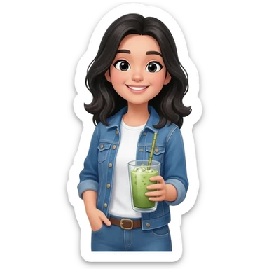 white girl in black layered hair with iced matcha sticker