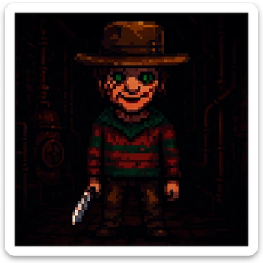 Add a spooky, nightmarish background with a boiler room and dark shadows behind Freddy Krueger, keep pixel art style sticker