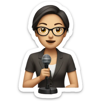 Asian woman with short brown hair wearing glasses talking into a microphone sticker