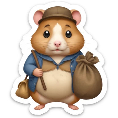 Fat cartoon-style hamster hobo carrying a bindle over its shoulder with a sad expression. sticker