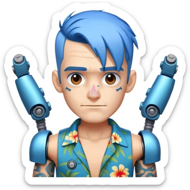 Franky with blue hair, metal nose, Hawaiian shirt, robotic arms sticker