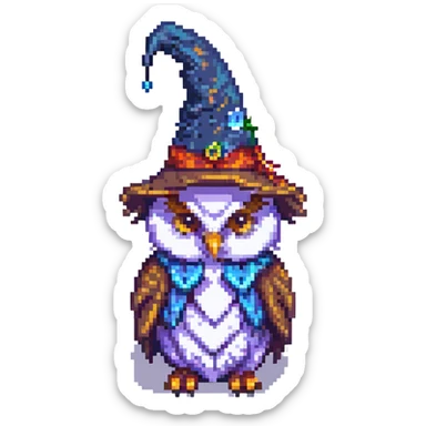owl with a wizard hat in pixel art style sticker