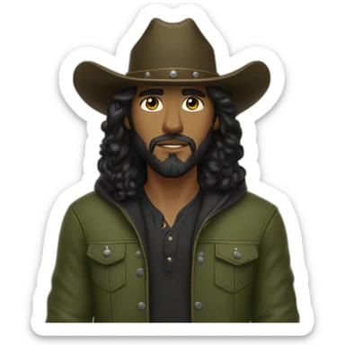 White hazel eyed cowboy with black curly long hair and beard wearing a black cowboy hat and olive green hoodie sticker