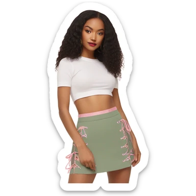 Sage green a-line mini skirt with pink lace up on the sides and bows and embroidery, isolated sticker