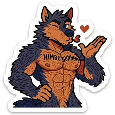 very muscular wolf furry, shirtless, with 'Himbo Gunners' tattooed on his pecs, blowing a kiss and winking, playful and confident expression, extremely detailed fur and anatomy, ultra high quality sticker