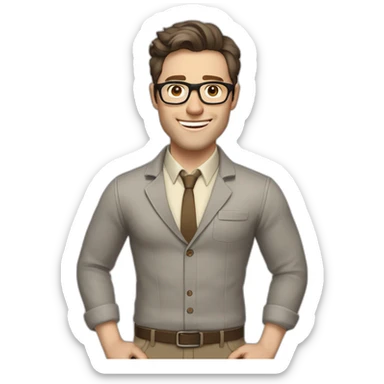 Joyful Pale skinned Fit Man With dark brown hair in gray jacket, beige office shirt, Brown pants and vintage glasses. His thrumbs up sticker