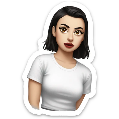 Charli XCX with a WHITE t-shirt that says "Brat" sticker